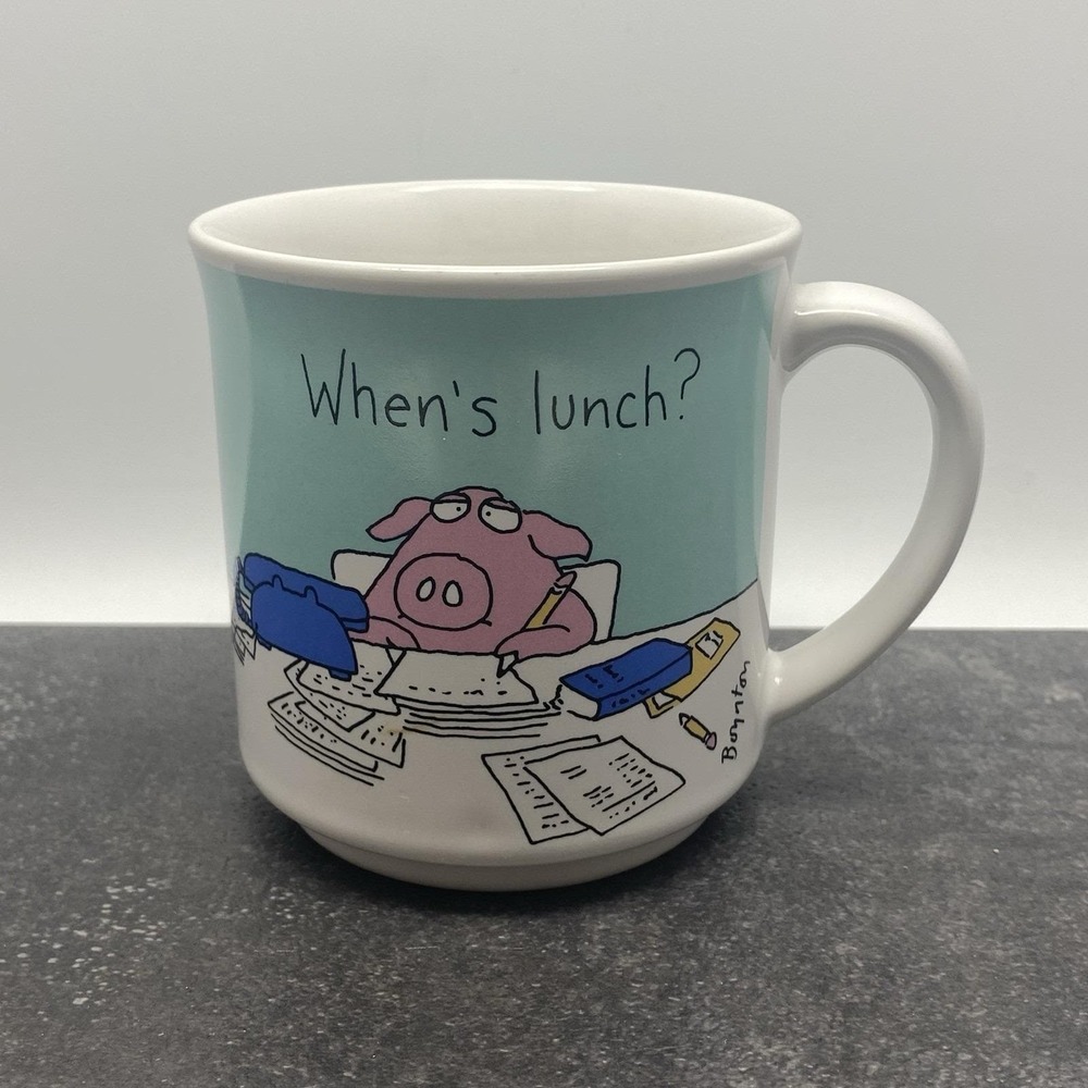 Vintage Sandra Boynton Coffee Mug‎ When's Lunch? 10 oz Japan Pig Office Work